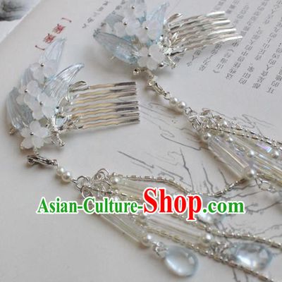 Chinese Handmade Ming Dynasty Princess Blue Bamboo Hair Comb Hairpins Ancient Hanfu Hair Accessories for Women