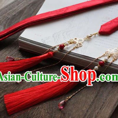 Chinese Traditional Hanfu Ming Dynasty Red Ribbon Tassel Headband Handmade Ancient Princess Hair Accessories for Women