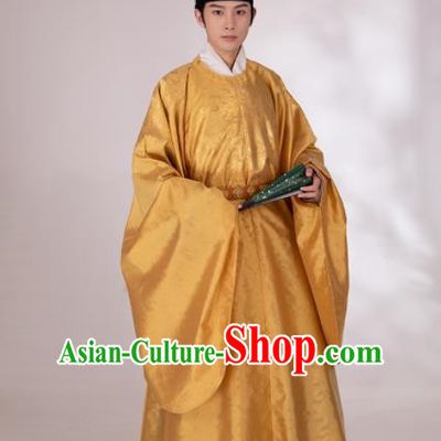 Traditional Chinese Hanfu Golden Silk Imperial Robe Ancient Ming Dynasty Emperor Historical Costumes for Men