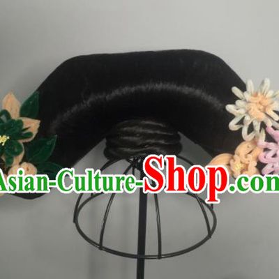 Chinese Traditional Hanfu Qing Dynasty Court Lady Wigs and Velvet Flowers Hairpins Handmade Ancient Imperial Consort Hair Accessories for Women