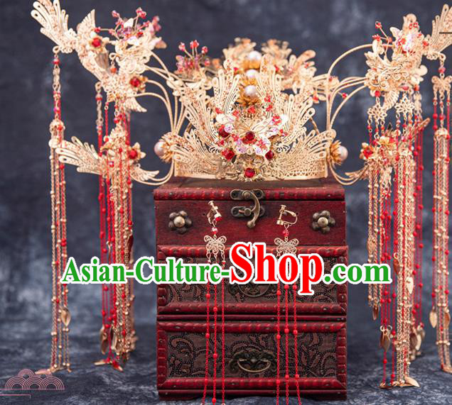 Traditional Chinese Handmade Wedding Tassel Phoenix Coronet Ancient Bride Hair Accessories for Women