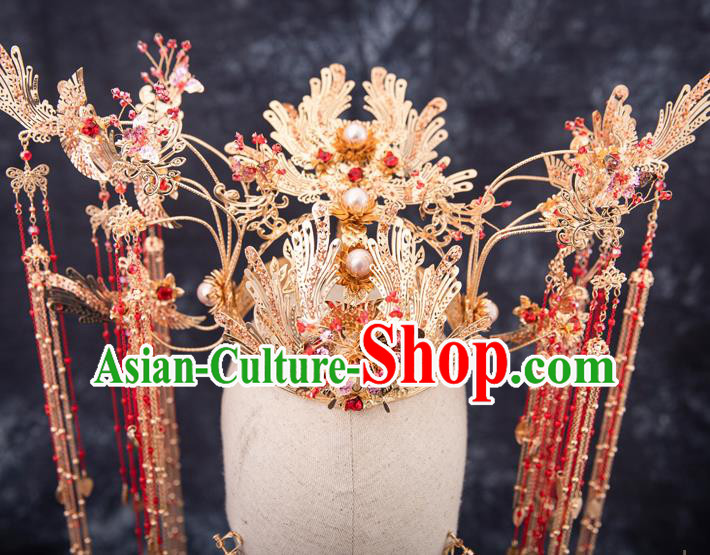 Traditional Chinese Handmade Wedding Tassel Phoenix Coronet Ancient Bride Hair Accessories for Women