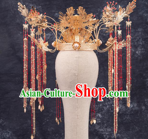 Traditional Chinese Handmade Wedding Tassel Phoenix Coronet Ancient Bride Hair Accessories for Women