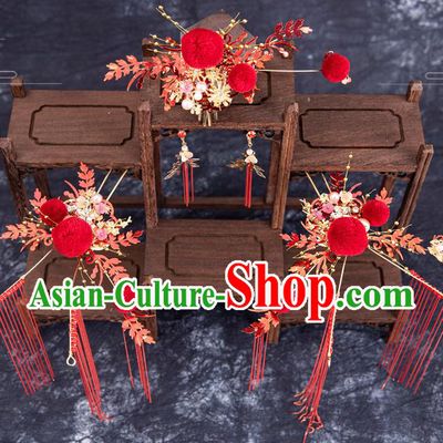 Chinese Traditional Wedding Hanfu Red Hair Crown Tassel Hairpins Handmade Ancient Bride Dragonfly Hair Accessories for Women