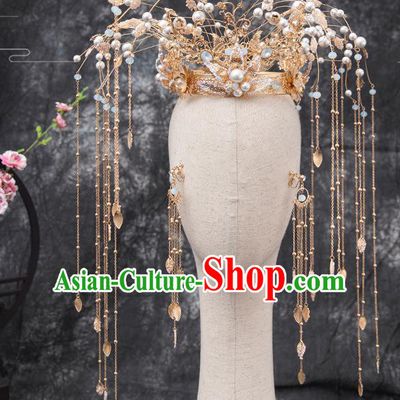 Traditional Chinese Handmade Hairpins Golden Lotus Phoenix Coronet Ancient Bride Hair Accessories for Women