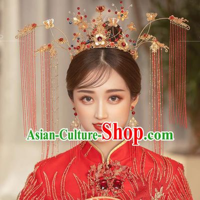 Traditional Chinese Handmade Hairpins Red Tassel Phoenix Coronet Ancient Bride Hair Accessories for Women
