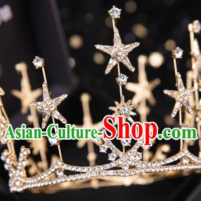 Top Handmade Wedding Bride Crystal Star Round Golden Royal Crown Baroque Princess Hair Accessories for Women