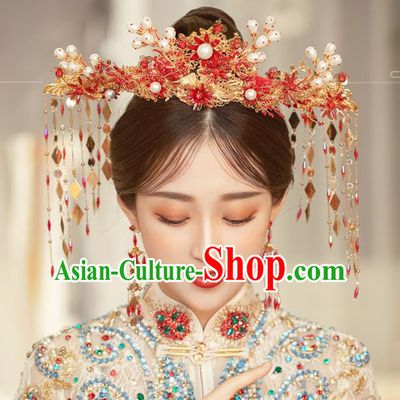 Traditional Chinese Handmade Hairpins Red Flowers Phoenix Coronet Ancient Bride Hair Accessories for Women