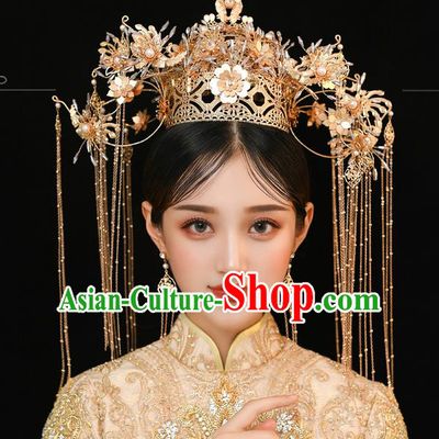 Traditional Chinese Handmade Golden Tassel Hair Crown Hairpins Ancient Bride Hair Accessories for Women