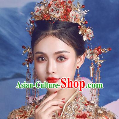 Traditional Chinese Wedding Silk Plum Phoenix Coronet Hairpins Handmade Ancient Bride Hair Accessories for Women