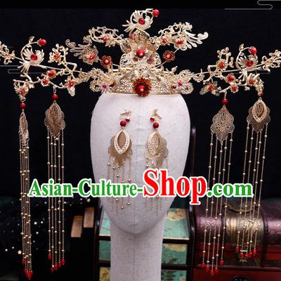 Traditional Chinese Wedding Golden Birds Phoenix Coronet Hairpins Handmade Ancient Bride Hair Accessories for Women