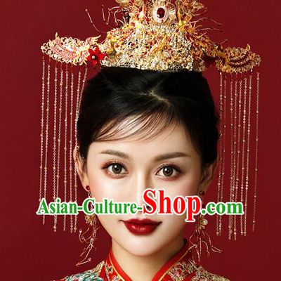 Traditional Chinese Wedding Luxury Red Gem Phoenix Coronet Hairpins Handmade Ancient Bride Hair Accessories for Women