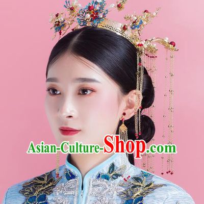 Traditional Chinese Wedding Luxury Cloisonne Phoenix Coronet Hairpins Handmade Ancient Bride Hair Accessories for Women