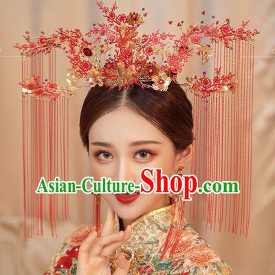 Traditional Chinese Handmade Red Crown Chaplet Hairpins Ancient Bride Hair Accessories for Women