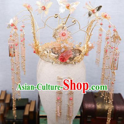 Traditional Chinese Wedding Golden Butterfly Phoenix Coronet Hairpins Handmade Ancient Bride Hair Accessories for Women