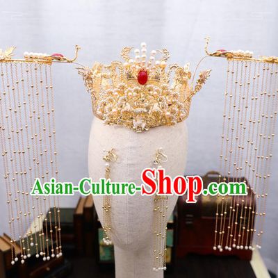 Traditional Chinese Wedding Golden Pine Phoenix Coronet Hairpins Handmade Ancient Bride Hair Accessories for Women