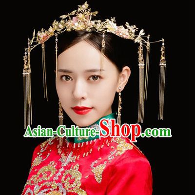 Traditional Chinese Wedding Golden Dragonfly Phoenix Coronet Hairpins Handmade Ancient Bride Hair Accessories for Women