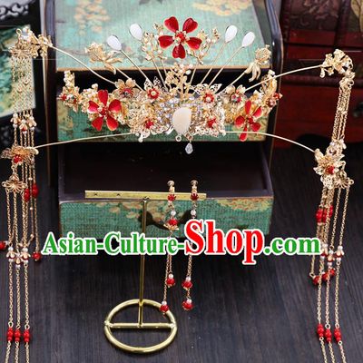 Traditional Chinese Wedding Red Plum Phoenix Coronet Hairpins Handmade Ancient Bride Hair Accessories for Women