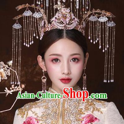 Traditional Chinese Wedding Purple Butterfly Phoenix Coronet Hairpins Handmade Ancient Bride Hair Accessories for Women