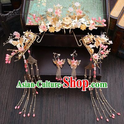 Traditional Chinese Wedding Pink Peach Blossom Hair Comb Hairpins Handmade Ancient Bride Hair Accessories for Women