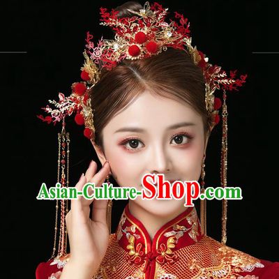 Traditional Chinese Handmade Red Hair Crown Chaplet Hairpins Ancient Bride Hair Accessories for Women