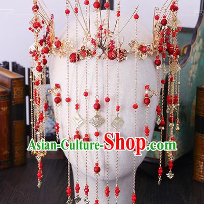 Traditional Chinese Wedding Cloisonne Red Beads Hair Clasp Tassel Hairpins Handmade Ancient Bride Hair Accessories for Women