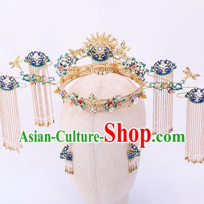 Traditional Chinese Wedding Cloisonne Phoenix Coronet Hairpins Handmade Ancient Bride Hair Accessories for Women