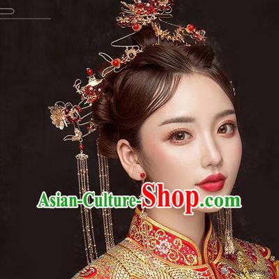 Traditional Chinese Wedding Red Plum Blossom Hair Clasp Tassel Hairpins Handmade Ancient Bride Hair Accessories for Women