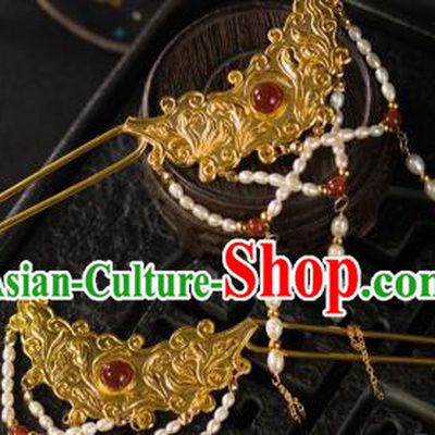 Chinese Traditional Tang Dynasty Court Pearls Tassel Hairpins Handmade Ancient Royal Empress Hair Accessories for Women