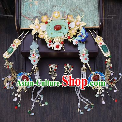 Traditional Chinese Wedding Jade Hair Combs Tassel Hairpins Handmade Ancient Bride Hair Accessories for Women