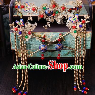 Traditional Chinese Wedding Cloisonne Butterfly Hair Clasp Tassel Hairpins Handmade Ancient Bride Hair Accessories for Women