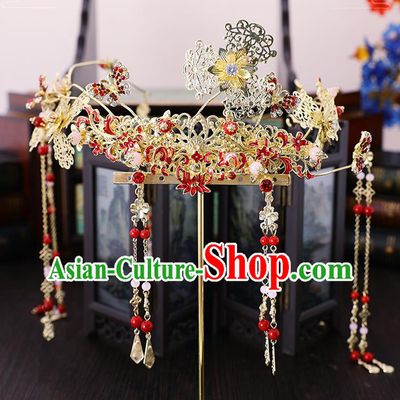 Traditional Chinese Wedding Cloisonne Red Lotus Hair Crown Tassel Hairpins Handmade Ancient Bride Hair Accessories for Women
