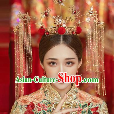 Traditional Chinese Handmade Red Venonat Chaplet Hair Crown Hairpins Ancient Bride Hair Accessories for Women