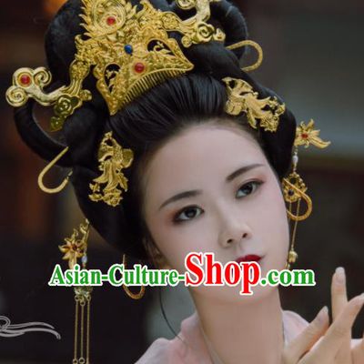 Traditional Chinese Tang Dynasty Empress Golden Phoenix Coronet Hairpins Handmade Ancient Queen Hair Accessories for Women