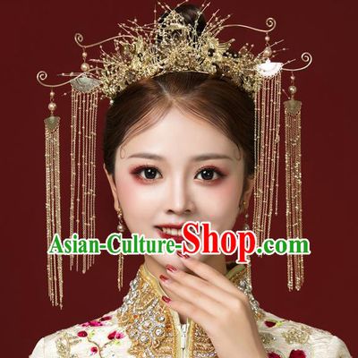 Traditional Handmade Chinese Golden Tassel Hair Crown Hairpins Ancient Bride Hair Accessories for Women