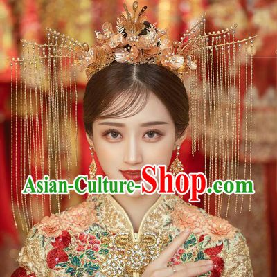 Traditional Chinese Handmade Golden Tassel Phoenix Crown Hairpins Ancient Bride Hair Accessories for Women