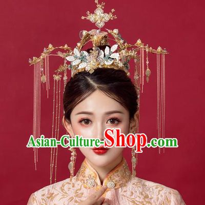 Traditional Handmade Chinese Wedding Tassel Golden Coronet Hairpins Ancient Bride Hair Accessories for Women