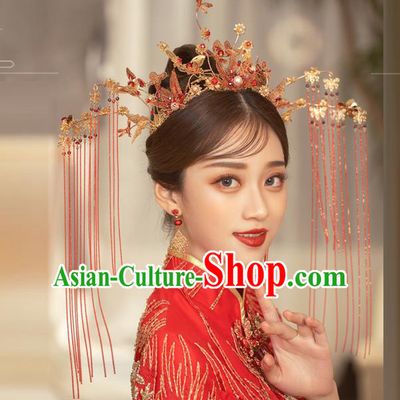 Traditional Chinese Handmade Red Tassel Butterfly Crown Hairpins Ancient Bride Hair Accessories for Women