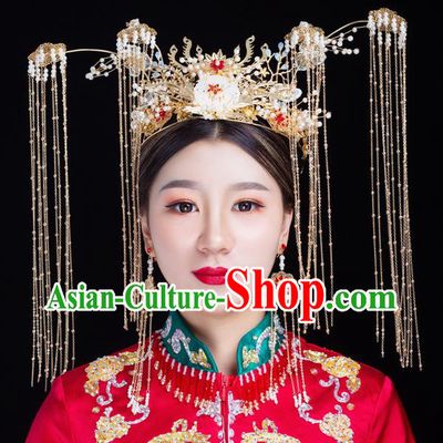 Traditional Handmade Chinese Wedding Jade Phoenix Coronet Hairpins Ancient Bride Hair Accessories for Women