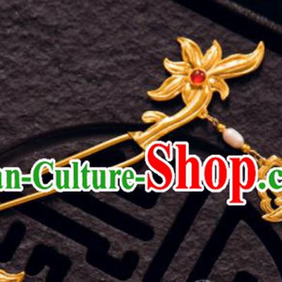 Chinese Traditional Tang Dynasty Court Golden Lotus Tassel Hairpins Handmade Ancient Royal Empress Hair Accessories for Women