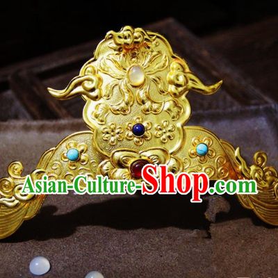 Chinese Traditional Tang Dynasty Court Golden Hair Crown Hairpins Handmade Ancient Royal Empress Hair Accessories for Women
