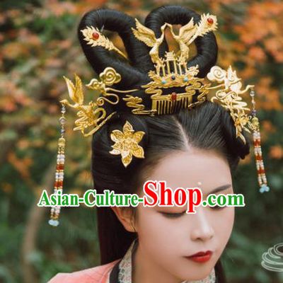 Traditional Chinese Tang Dynasty Princess Crane Hair Comb Hairpins Handmade Ancient Queen Hair Accessories for Women