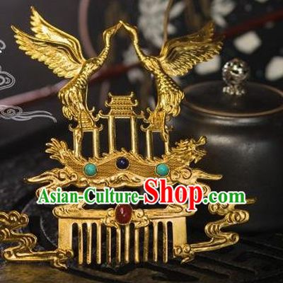 Chinese Traditional Tang Dynasty Court Golden Cranes Hair Comb Handmade Ancient Royal Empress Hair Accessories for Women