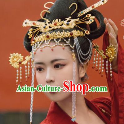 Traditional Chinese Tang Dynasty Princess Phoenix Hair Crown Hairpins Handmade Ancient Queen Hair Accessories for Women