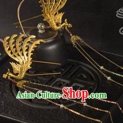 Chinese Traditional Tang Dynasty Golden Phoenix Tassel Hairpins Handmade Ancient Royal Empress Hair Accessories for Women