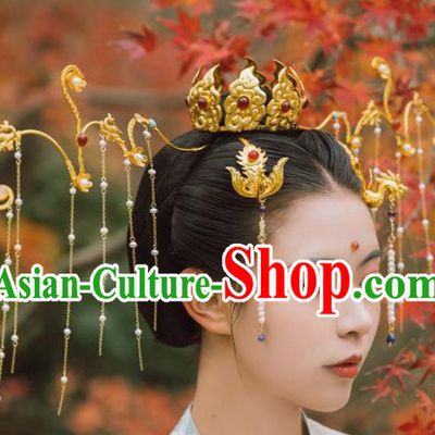 Traditional Chinese Tang Dynasty Princess Hair Crown Phoenix Tassel Hairpins Handmade Ancient Queen Hair Accessories for Women