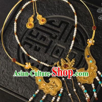 Chinese Traditional Tang Dynasty Wedding Golden Necklace Handmade Ancient Princess Necklet Accessories for Women