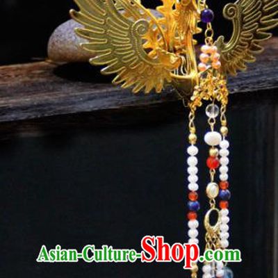 Chinese Traditional Tang Dynasty Princess Golden Phoenix Tassel Hairpins Handmade Ancient Royal Empress Hair Accessories for Women