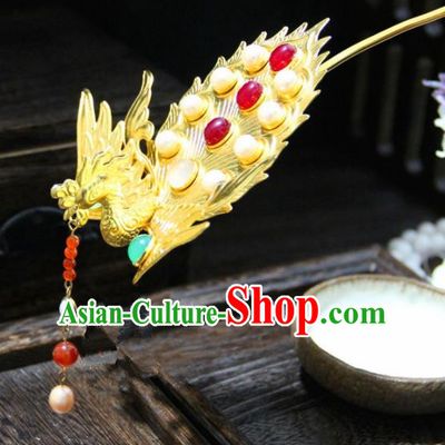 Chinese Traditional Ming Dynasty Princess Golden Phoenix Hairpins Handmade Ancient Royal Empress Hair Accessories for Women