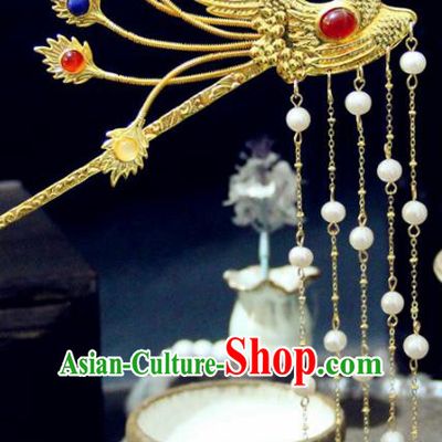 Chinese Traditional Tang Dynasty Golden Phoenix Hairpin Handmade Ancient Royal Empress Hair Accessories for Women